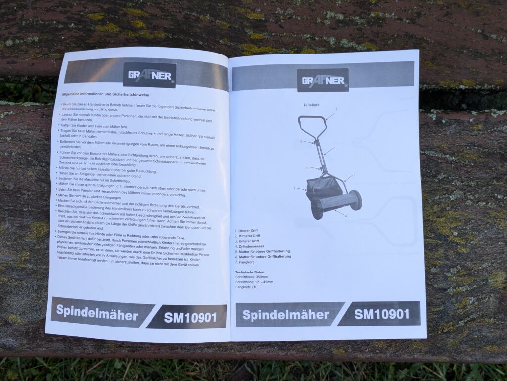 Anleitung des Grafner SM10901 Spindelmähers geöffnet