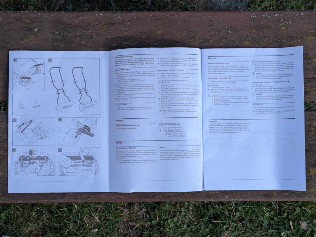 Anleitung des WOLF Garten TT300S Spindelmähers geöffnet