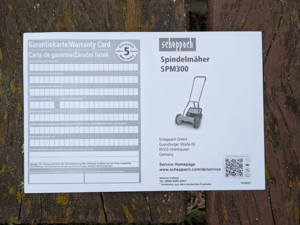 Garantiekarte des Scheppach SPM300 Spindelmähers