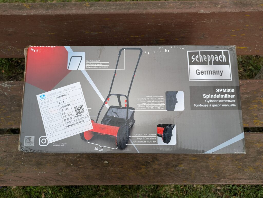 Scheppach SPM300 Spindelmäher Verpackung von der Seite