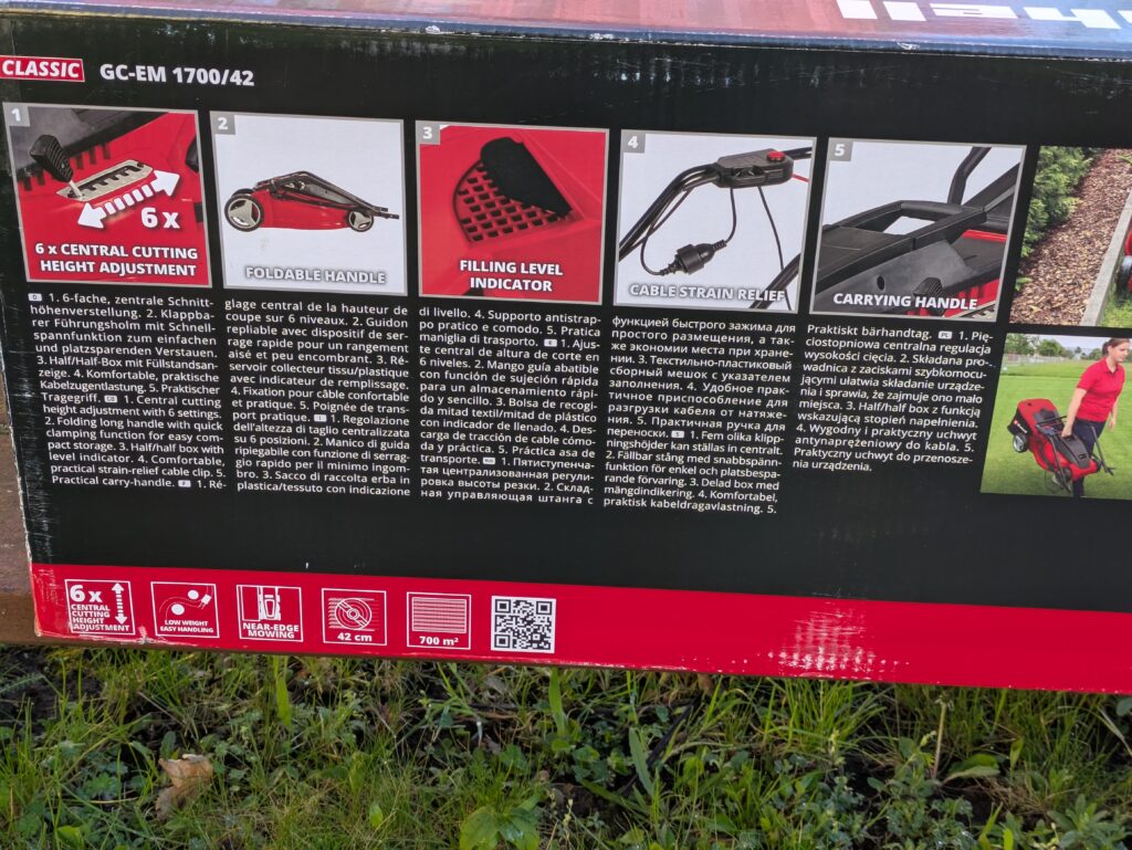 Verpackung des Einhell GC-EM 1742 Elektro-Rasenmähers von hinten in der Nahansicht