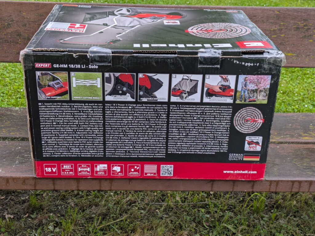 Verpackung des Einhell GE-HM 1838 Spindelmähers von hinten