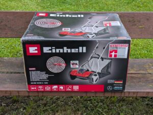 Verpackung des Einhell GE-HM 1838 Spindelmähers von vorne