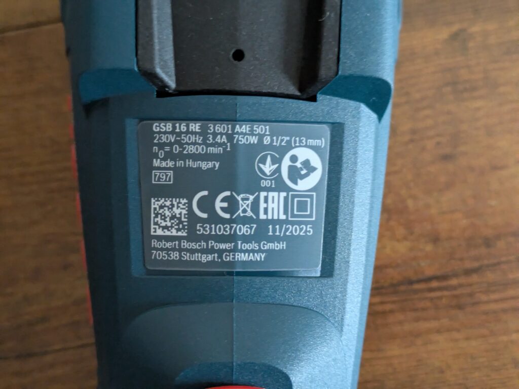 Bosch Professional GSB 16 RE Schlagbohrmaschine Typschild