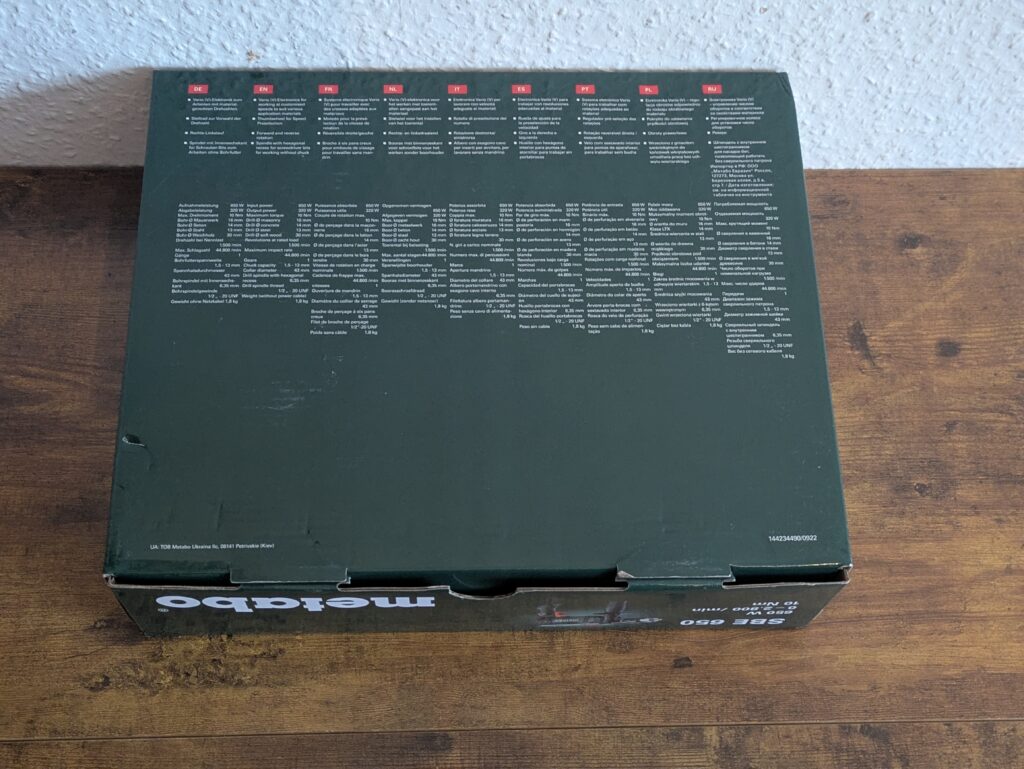 Karton von hinten Metabo SBE 650 Schlagbohrmaschine