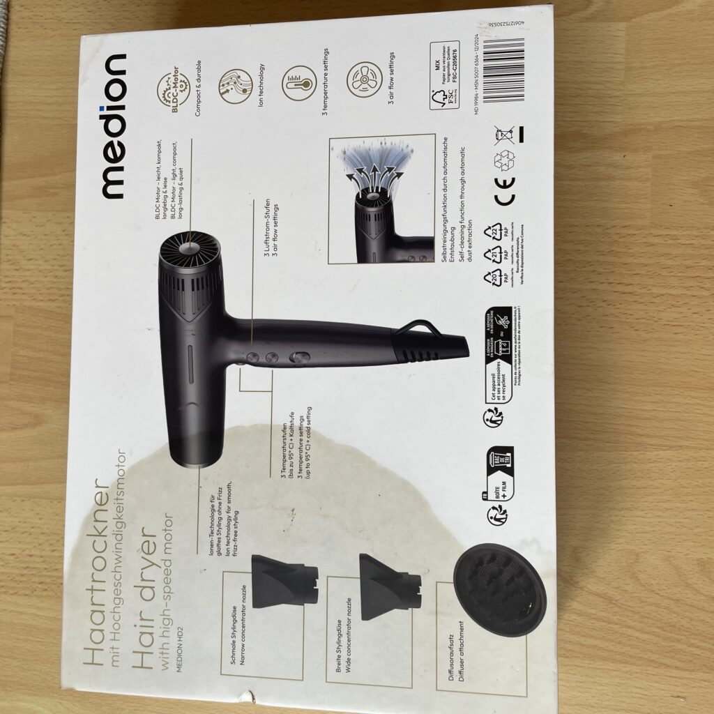 MEDION LIFE HD2 Haartrockner Karton Rückseite