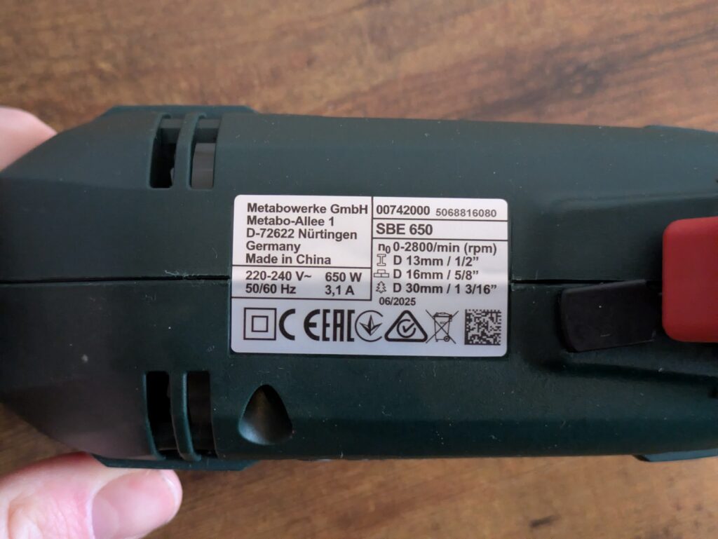 Metabo SBE 650 Schlagbohrmaschine Typschild