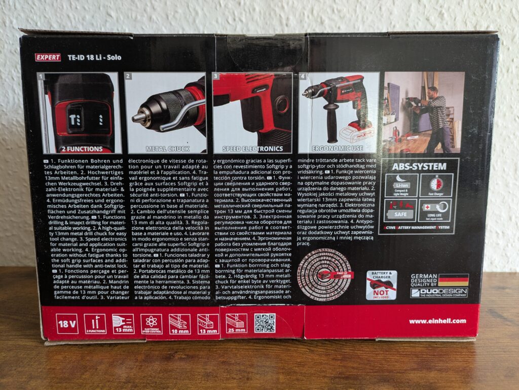 Verpackung der Einhell TE-ID 18 Li-Solo Schlagbohrmaschine von hinten