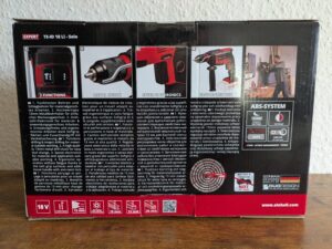 Verpackung der Einhell TE-ID 18 Li-Solo Schlagbohrmaschine von hinten