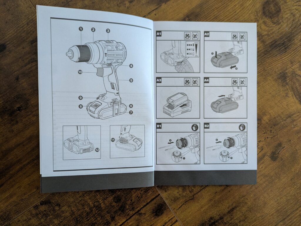 WORX NITRO WX352.4 Schlagbohrmaschine Anleitung geöffnet