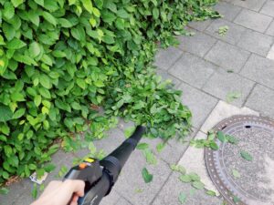 FUXTEC FX-E2LBS Laubsauger beim Laubblasen mit grünem Laub