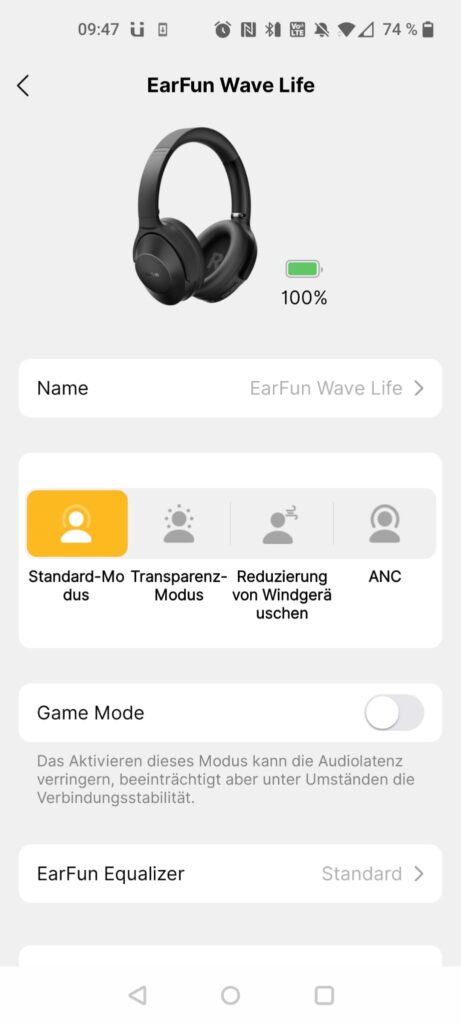EarFun Wave Life Over-Ear-Kopfhörer App Standard-Modus