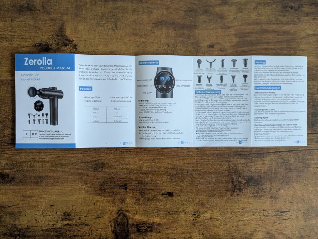 Anleitung der Zerolia MG 03 Massagepistole geöffnet