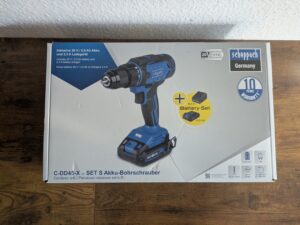 Verpackung des Scheppach C-DD45 Akkuschraubers
