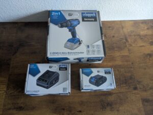 Verpackung des Scheppach C-DD45 Akkuschraubers einzeln