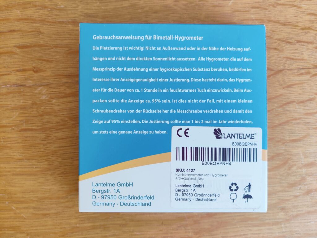 Lantelme 4127 Hygrometer Gebrauchsanweisung auf Verpackung