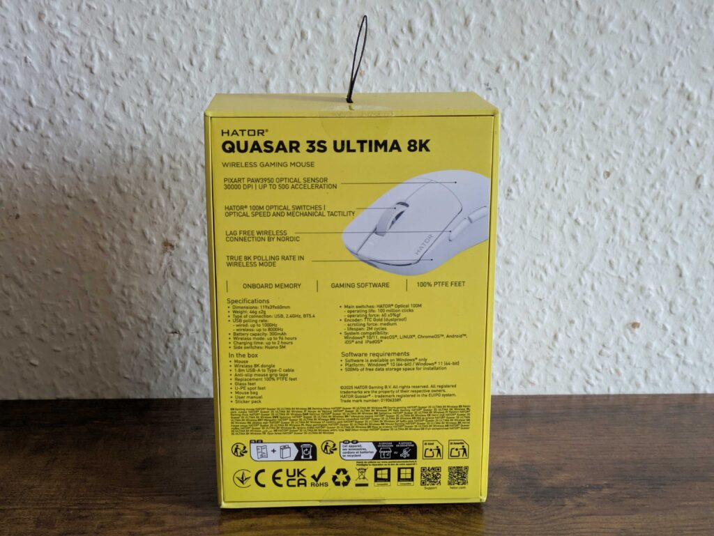 HATOR Quasar 3S ULTIMA 8K Wireless Gaming-Maus Verpackung von hinten