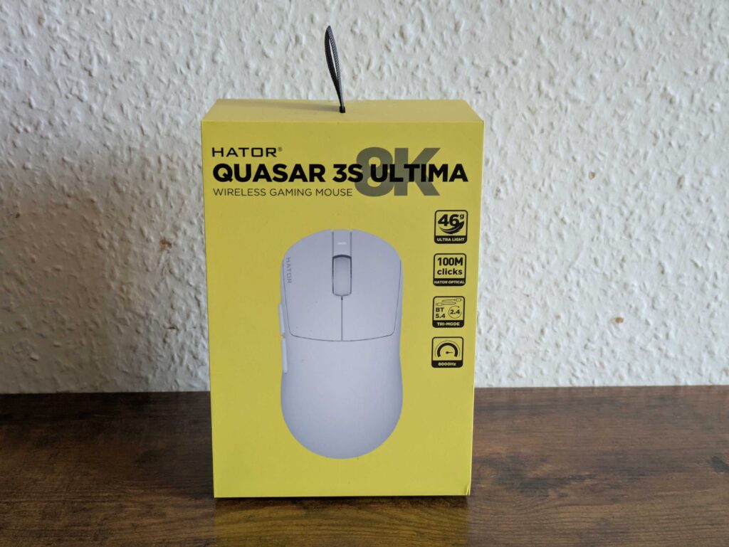 HATOR Quasar 3S ULTIMA 8K Wireless Gaming-Maus Verpackung vpn vorne