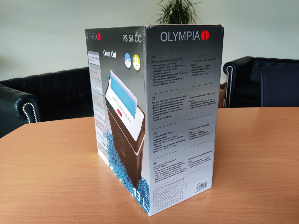 Olympia PS 54 CC Aktenvernichter Verpackung seitlich