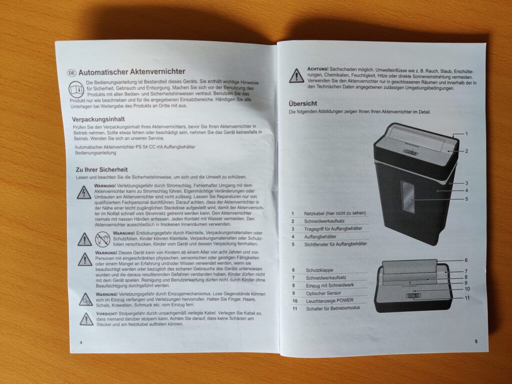 Olympia PS 54 CC Aktenvernichter Bedienungsanleitung innen