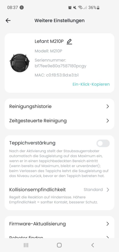 Lefant M210P Staubsauger-Roboter App weitere Einstellungen