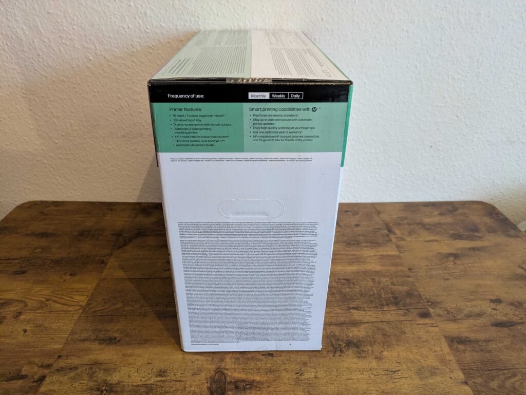 HP Envy 6520e Tintenstrahldrucker Verpackungvon der Seite