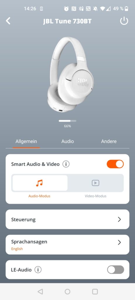 JBL Tune 730BT Over-Ear-Kopfhörer App Startseite